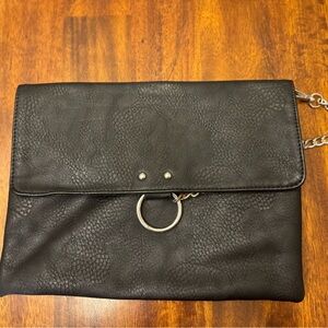 Black faux leather wristlet clutch with silver chain strap and silver clasp